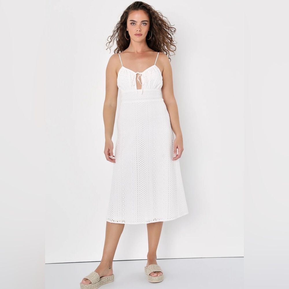 NWT LULUS Adored Aura White Eyelet Embroidered Cutout Midi Dress - Size S